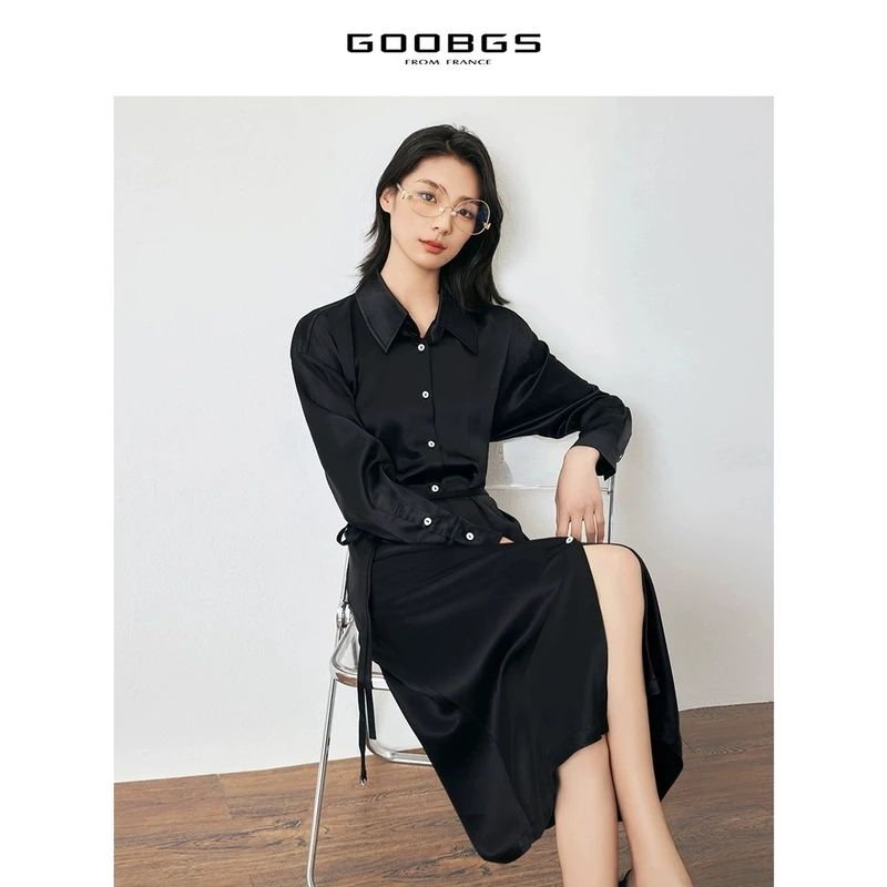 【女乔专属】谷邦GOOBGS 黑色缎面醋酸衬衫式连衣裙 G3141772