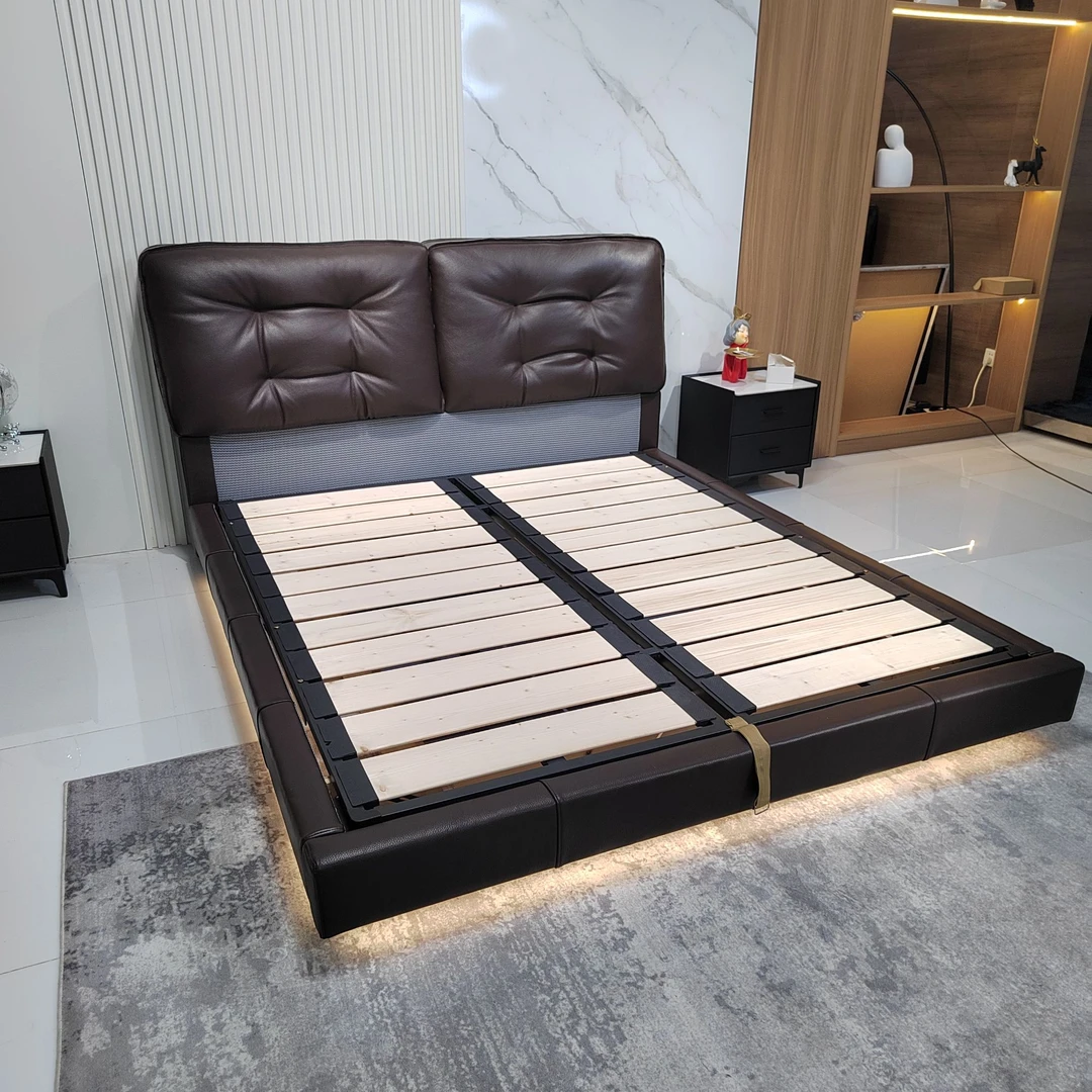 【全青皮床】黑金刚床主卧双人牛皮床意式极简高端软包悬浮真皮大床