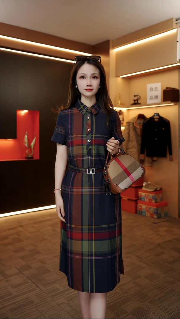 格子气质A字裙夏季旗袍休闲显瘦挂脖式长款收腰连衣裙品牌