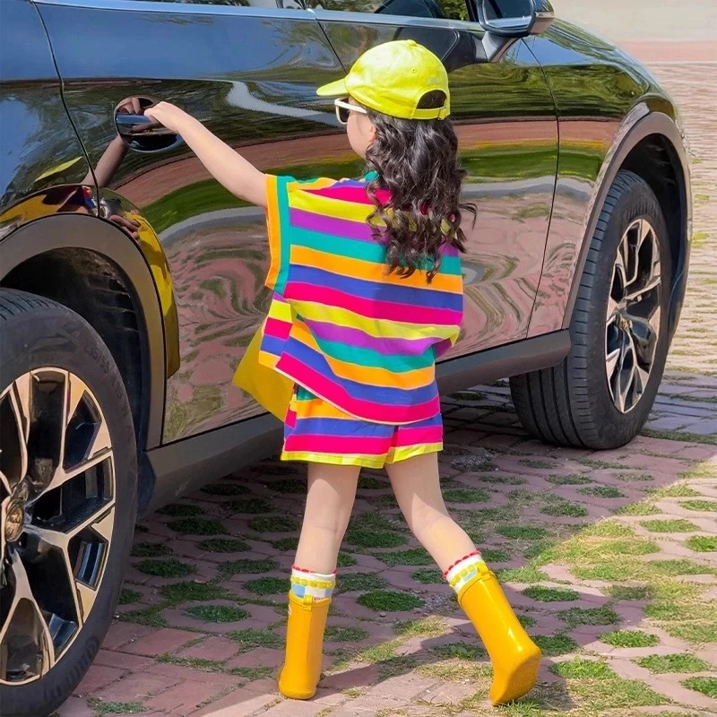 儿童夏季彩色穿搭套装2025新款多巴胺女童夏装短袖童装女孩两件套