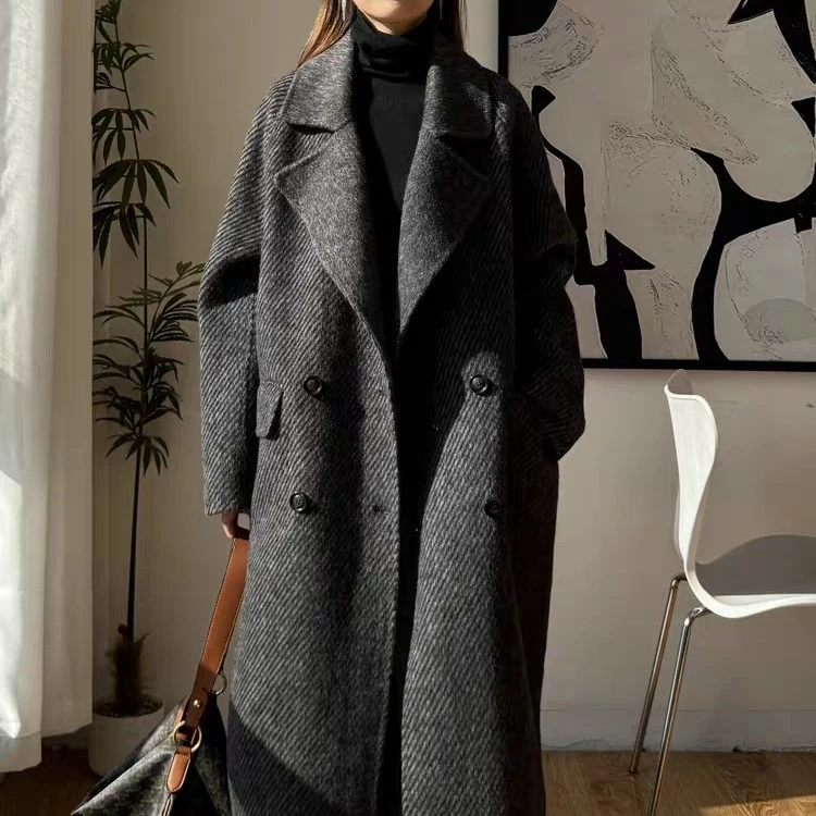高端斜纹西装双面羊毛长款大衣宽松休闲廓形时尚大气