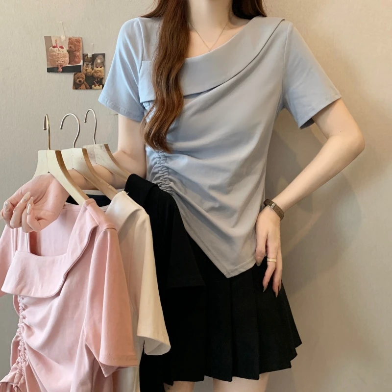 大码女装2025夏季新款时尚休闲斜领褶皱抽绳收腰短袖T恤上衣1891