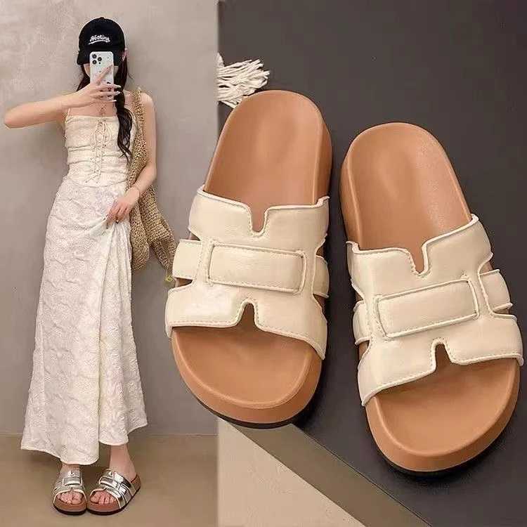 慵懒透气编织~！厚底增高外穿拖鞋女夏季ins沙滩透气一字凉拖