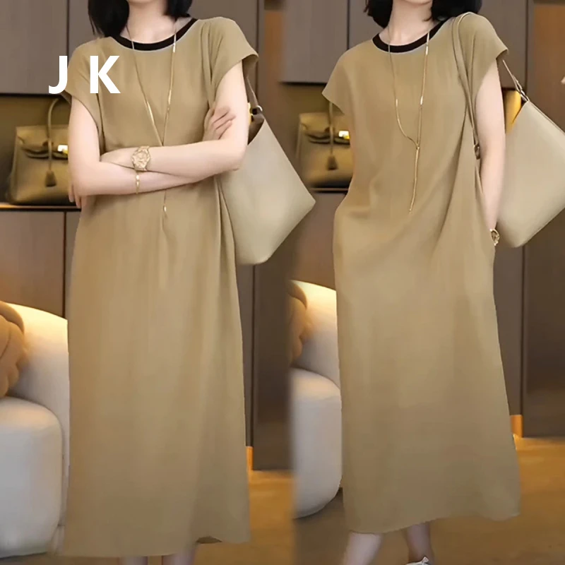 JK夏季欧货宽松短袖连衣裙女微胖大码中长款显瘦遮肉休闲T恤裙子