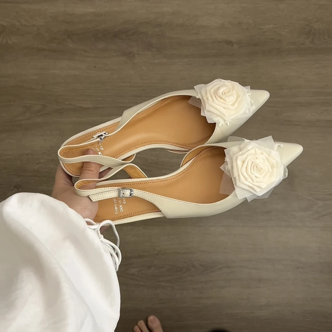 Dannyfrey法式复古小众花朵尖头包头气质凉鞋女后绊带细跟单鞋