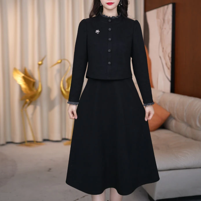 连衣裙小香风显瘦气质长袖黑色复古职业春秋小香风显瘦气质长袖