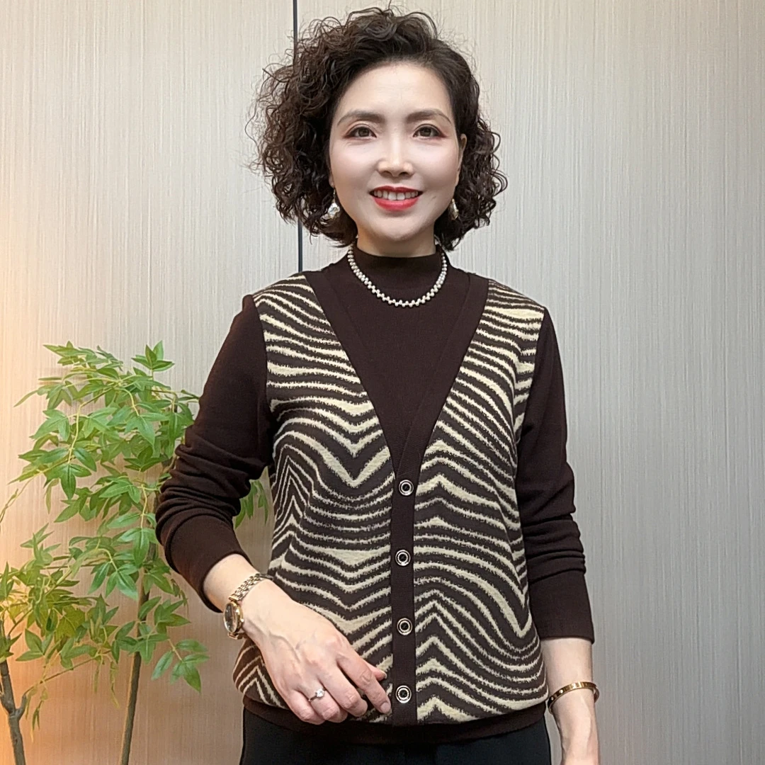 秋冬中老年妈妈装宽松洋气假两件气质流光风印花保暖减龄女打底衫