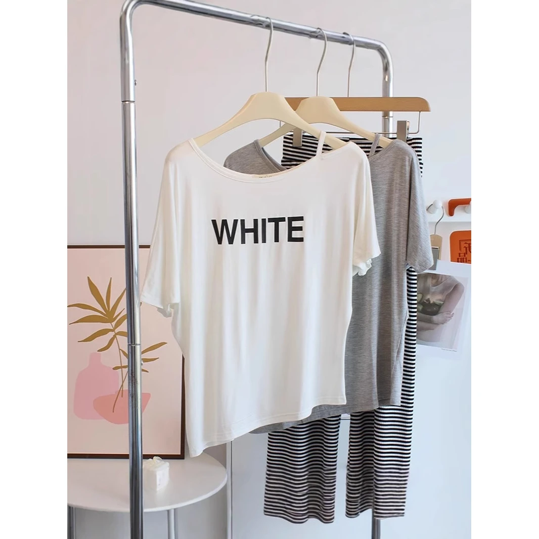 设计感~柔软莫代尔露肩T恤女夏字母宽松不规则T恤瑜伽舞蹈服上衣
