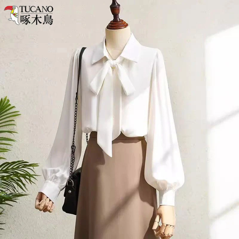 TUCANO/啄木鳥女装通勤韩版小众蝴蝶结飘带白色衬衫长袖秋冬新款