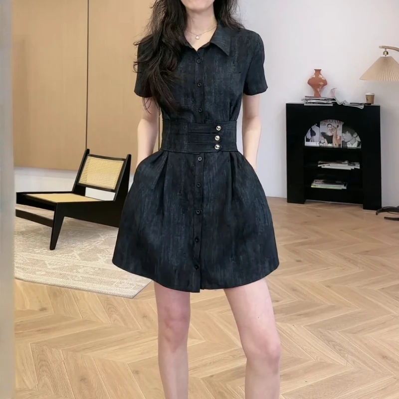 千金清冷感贵系衣服2025夏季新款翻领收腰气质连衣裙通勤小众女装