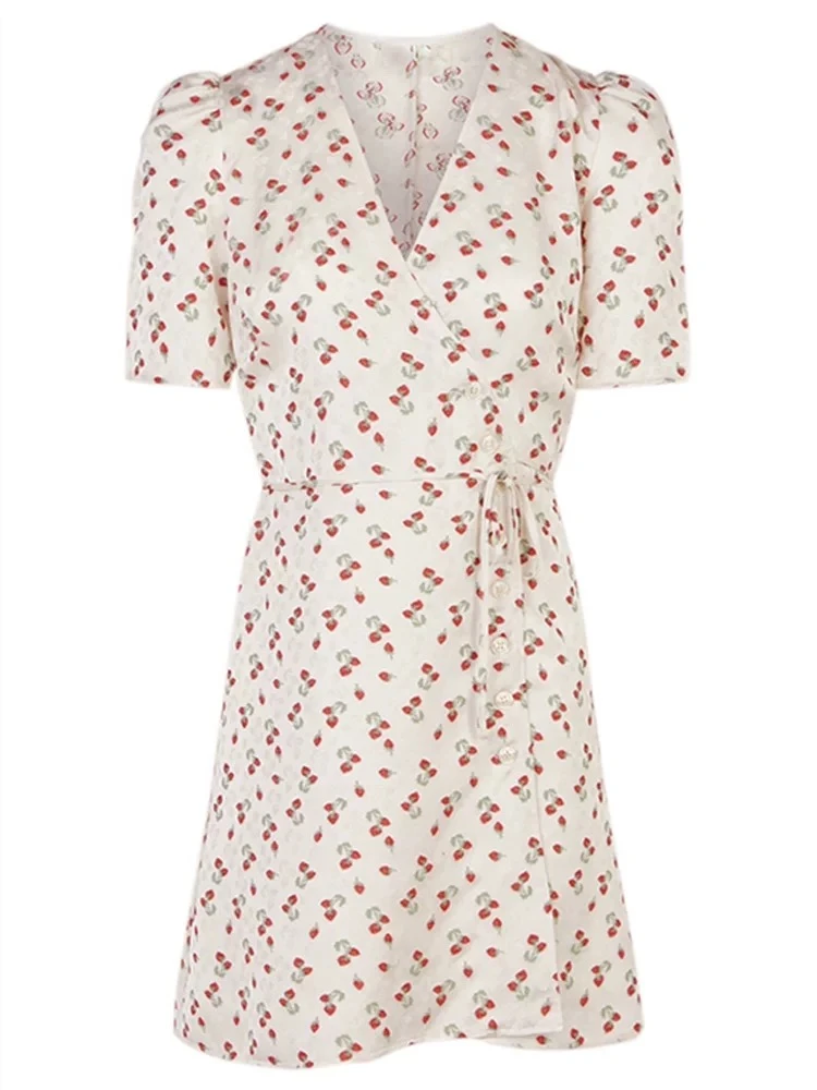 【艾丽莎定制】连衣裙夏新款法式风草莓碎花V领短袖裹身茶歇裙9329