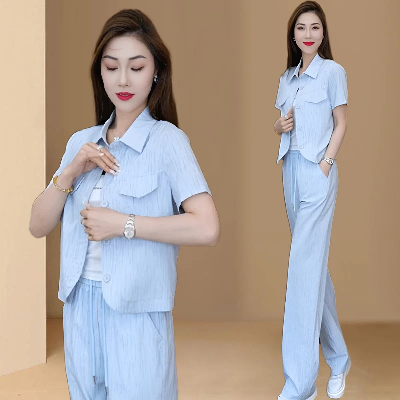 休闲运动套装女2025夏季新款小个子洋气短袖衬衫外套阔腿裤两件套