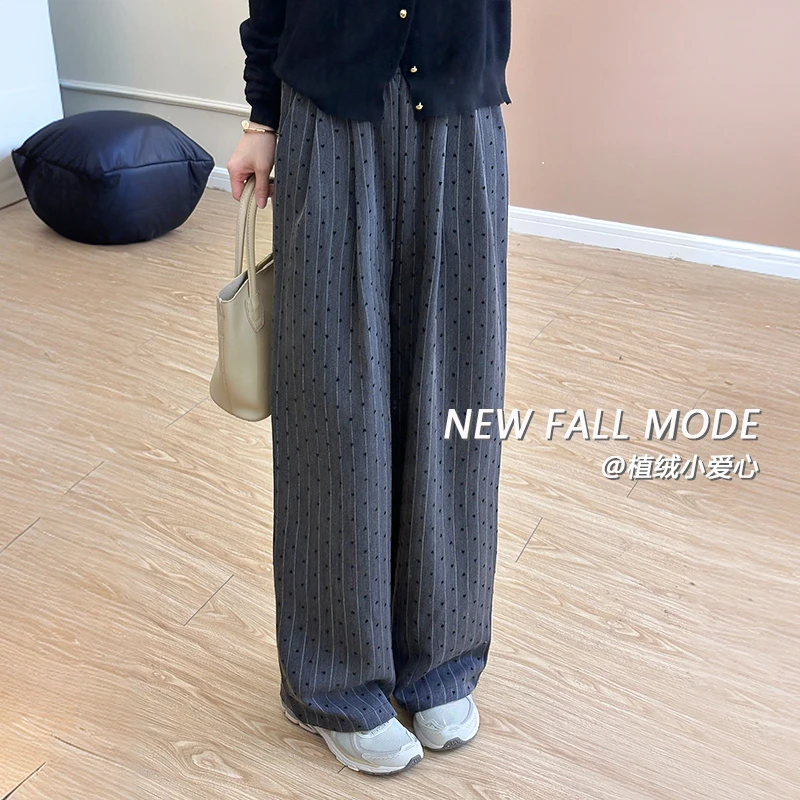 春秋小众设计感植绒爱心阔腿裤女高腰显瘦垂感休闲裤拖地裤西装裤