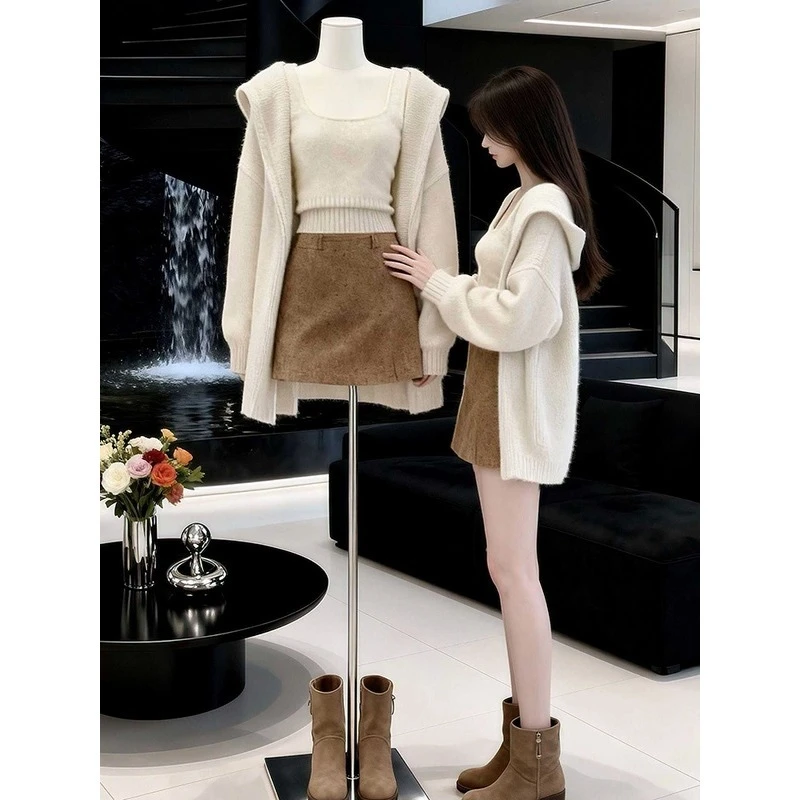 2025年新款慵懒风穿搭吊带背心针织开衫外套巨好看的两件套秋冬装