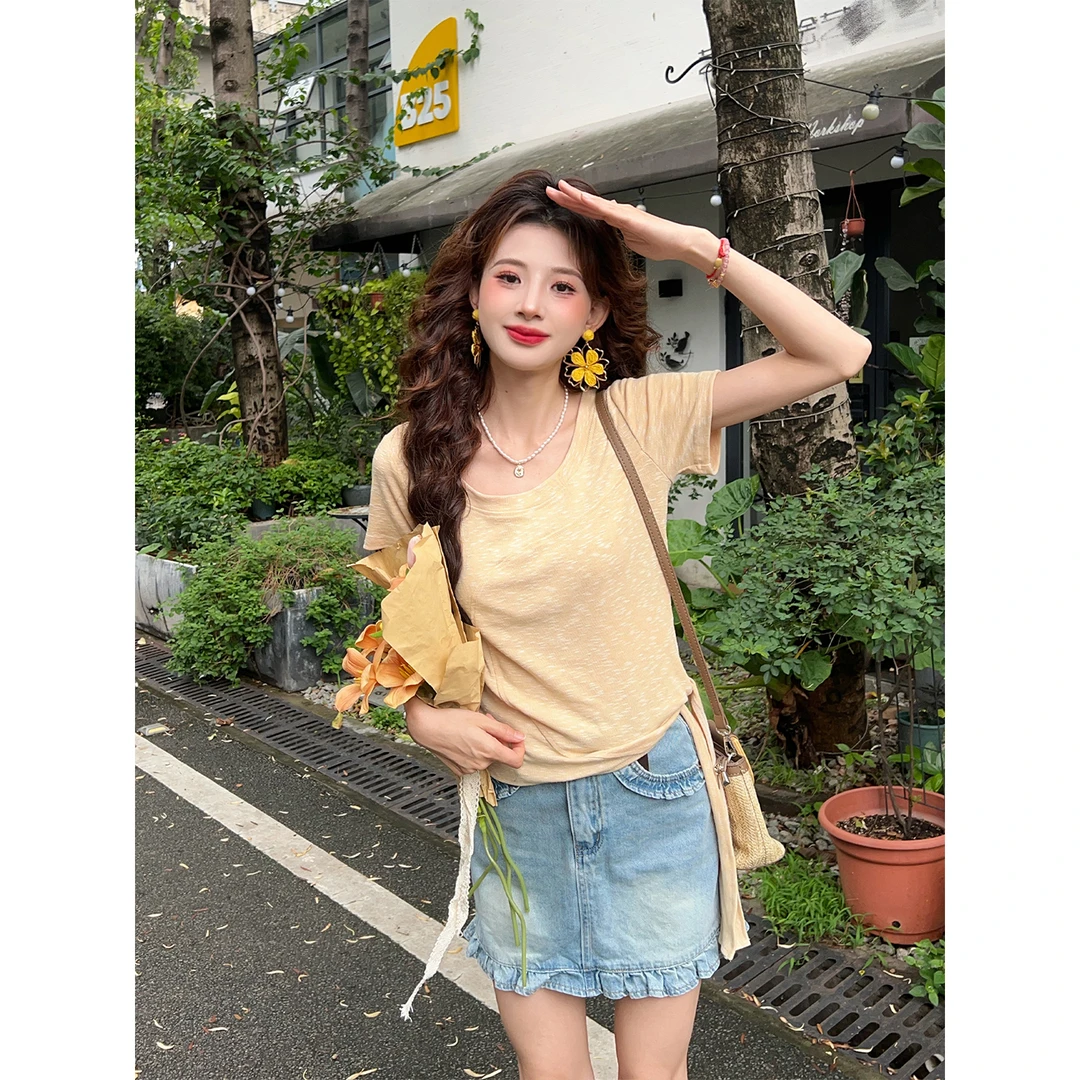 温敏er【漫步梧桐】欧若风穿搭短袖T恤修身显瘦正肩上衣MJ1688232