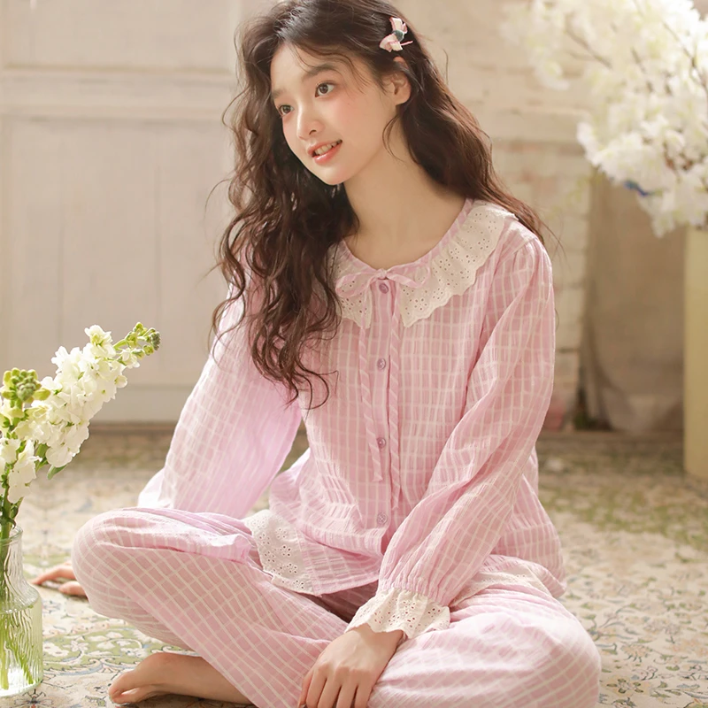 春季新款睡衣女士长袖套装双层棉纱甜美花边家居服套装