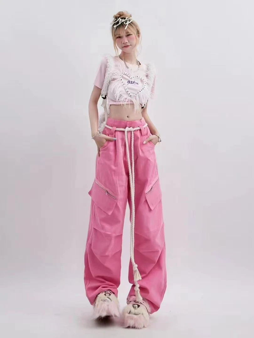 多巴胺粉色工装裤女高街vibe风宽松阔腿拖地休闲长裤（瑕疵，慎拍）