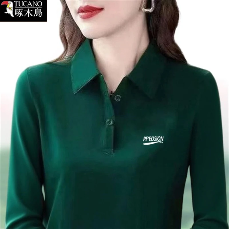 啄木鸟新款简约气质翻领上衣女春秋季薄款长袖印花POLO衫纯色T恤