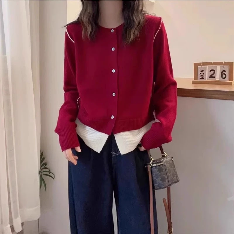 2024冬季新款假两件软糯针织开衫女微胖妹妹大码时尚百搭显瘦毛衣