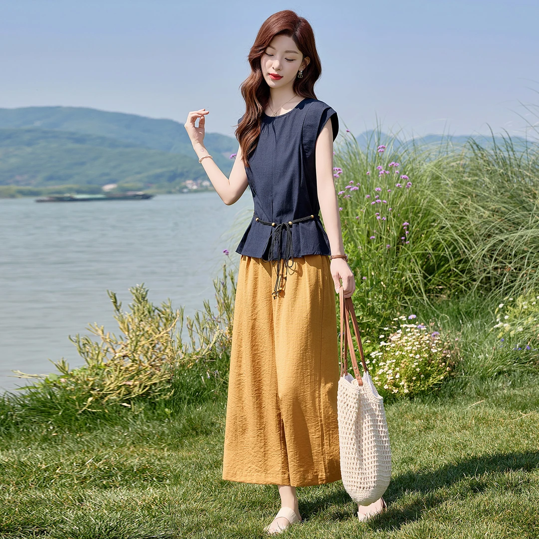 2025夏装新款时尚棉麻休闲无袖套装二件套