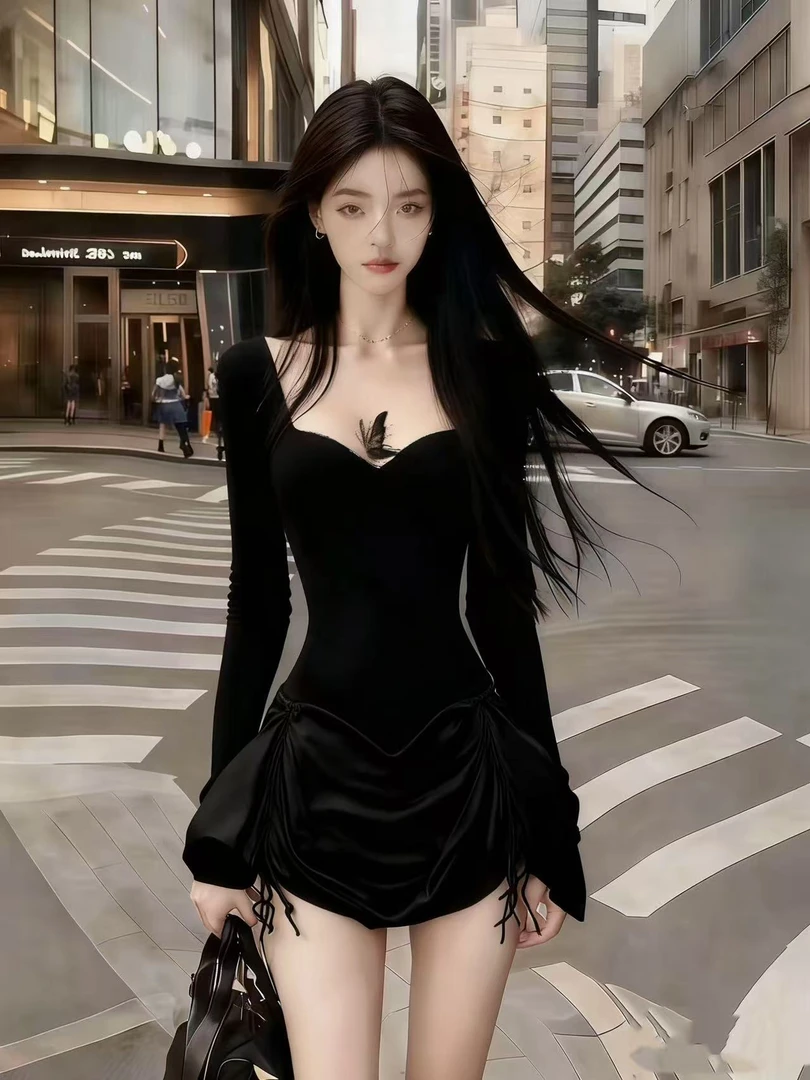 时尚氛围感辣妹风黑色V领长袖修身收腰小众设计显瘦高级感连衣裙