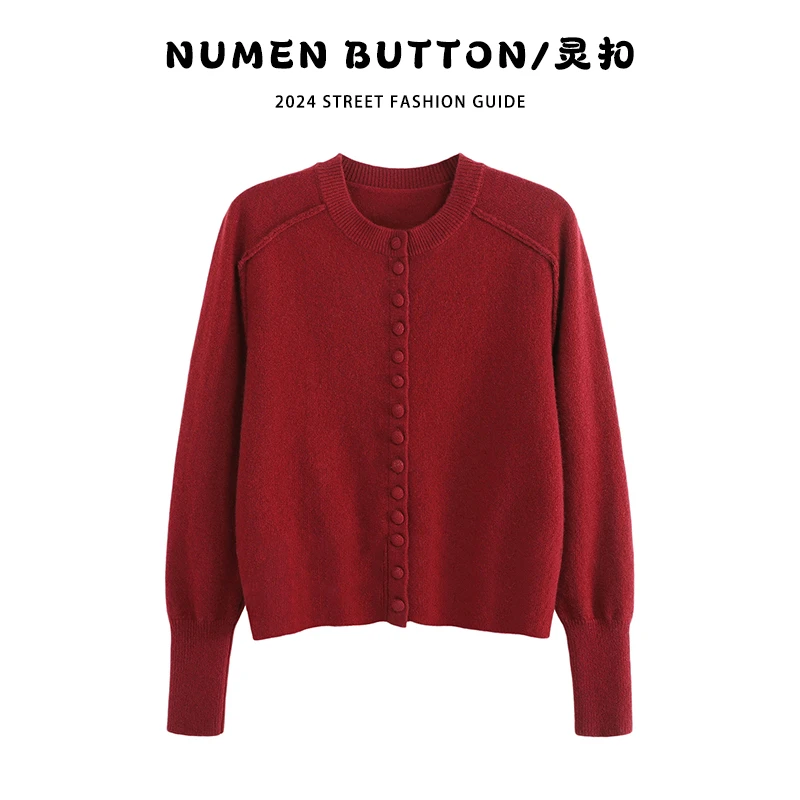 NUMEN BUTTON/灵扣秋2024新款安可拉红洋气时尚修身百搭针织衫女