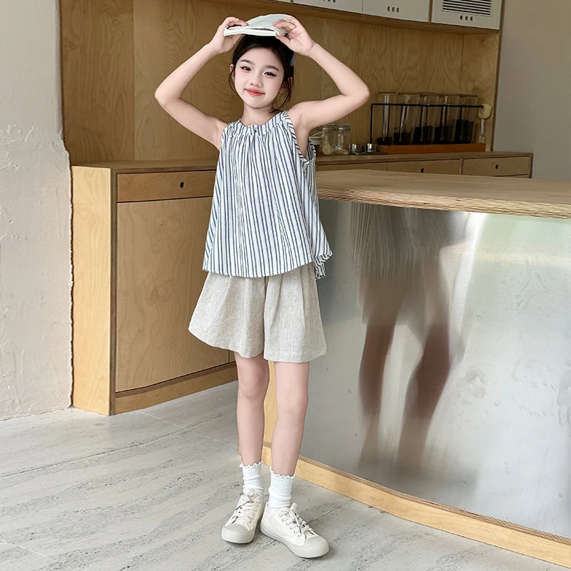 女童夏季套装2025新款法式休闲条纹吊带儿童时尚短裤上衣两件套