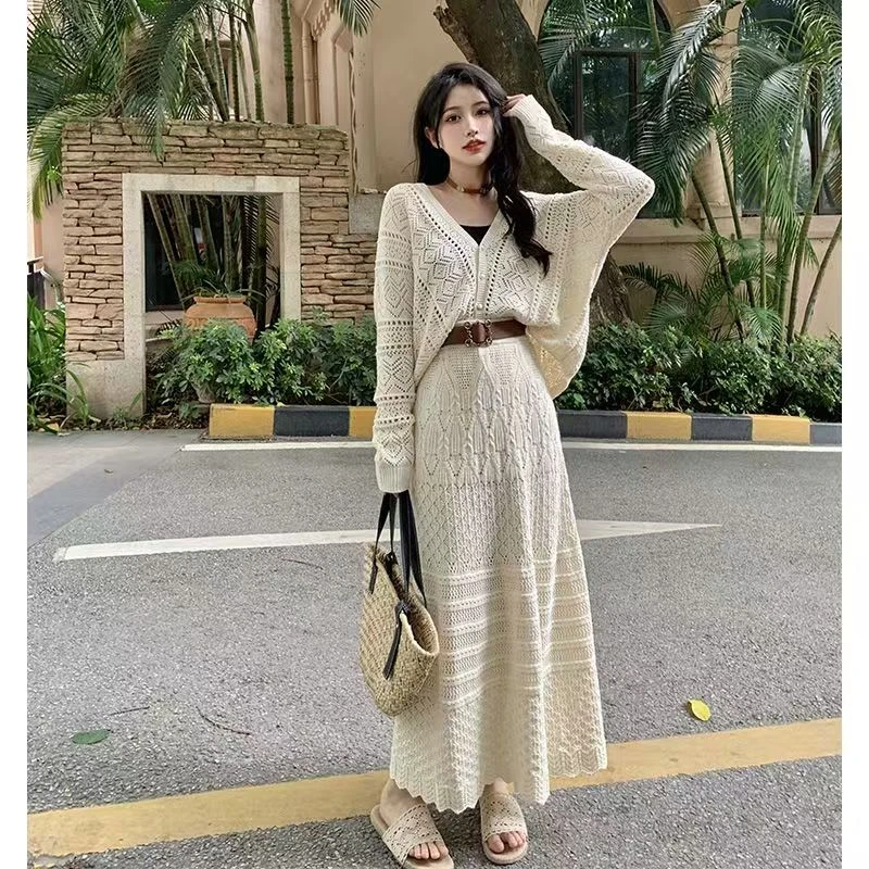 针织衫女新款夏镂空空调衫上衣外搭毛衣开衫外套半身裙两件套装女