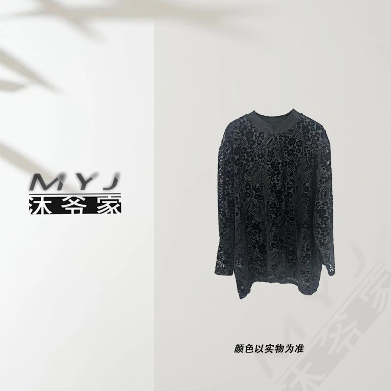 沐爷家D308黑色圆领百搭花朵百长袖上衣