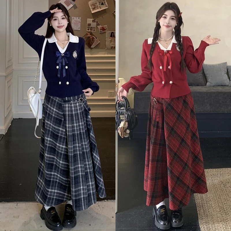 大码胖mm秋冬新款美拉德风学院Polo领针织毛衣格纹半身裙套装女