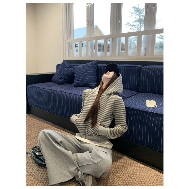 正版+运费险/加绒加厚条纹连帽卫衣外套搭配休闲裤子套装女两件套