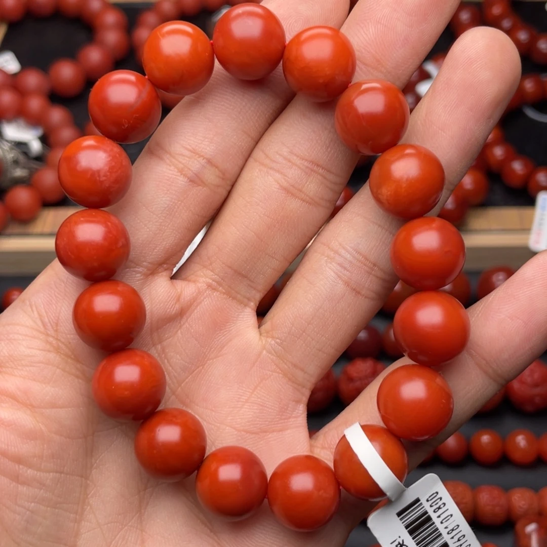 南红玛瑙未镶嵌手串H12.5mm收藏保山满红满肉柿子红手串