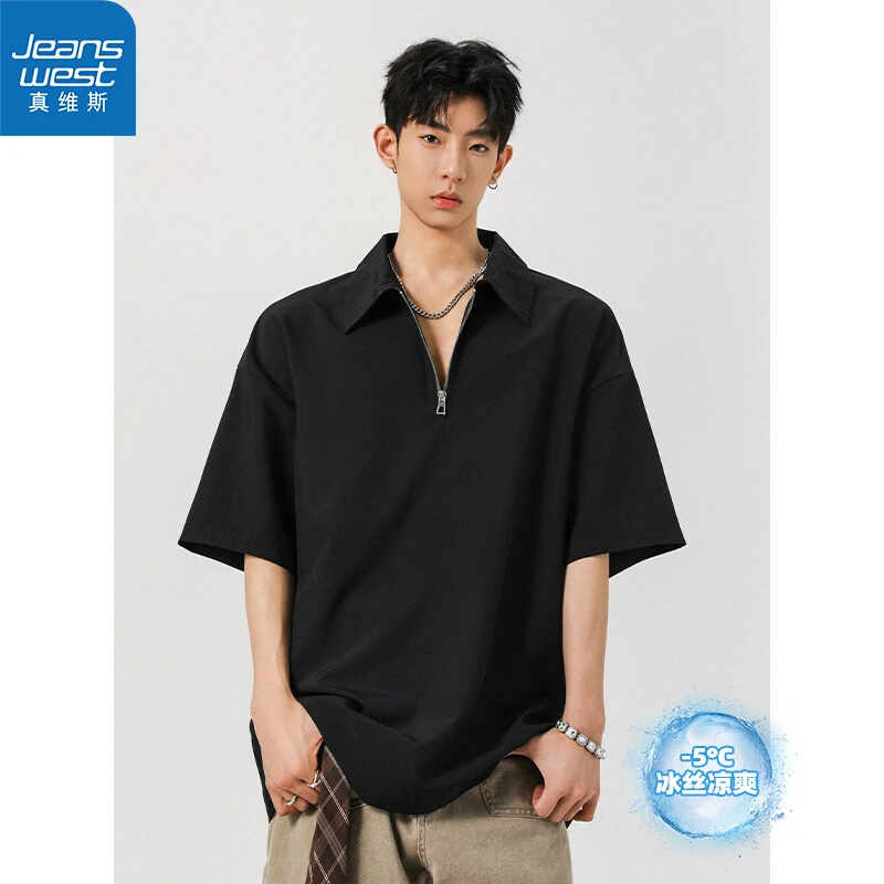 【真维斯】半拉链短袖t恤男夏季痞帅翻领Polo衫体恤潮牌宽松半截袖