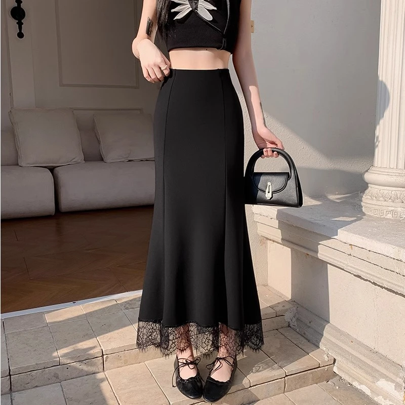 黑色西装鱼尾半身裙女夏季款高腰显瘦垂感蕾丝边a字一步包臀长裙