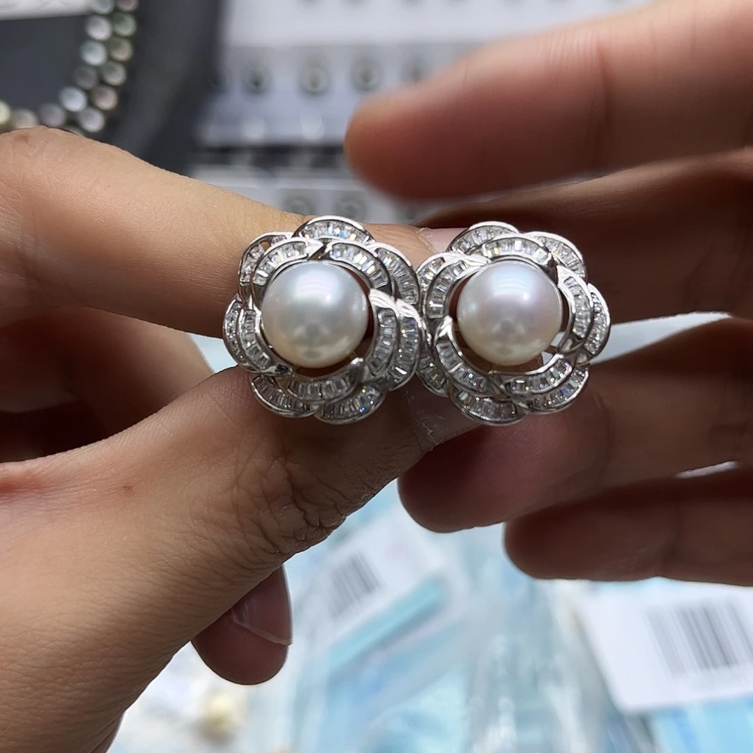 海水珍珠银S925镶嵌耳饰