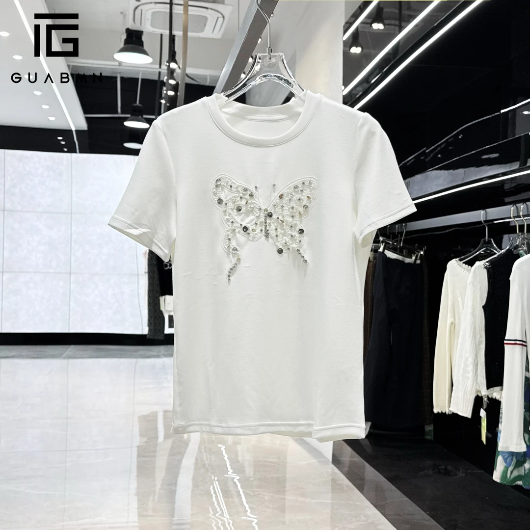 GUABMN2025年夏季新款钉珠蝴蝶刺绣短袖T恤百搭短袖夏日穿搭5093