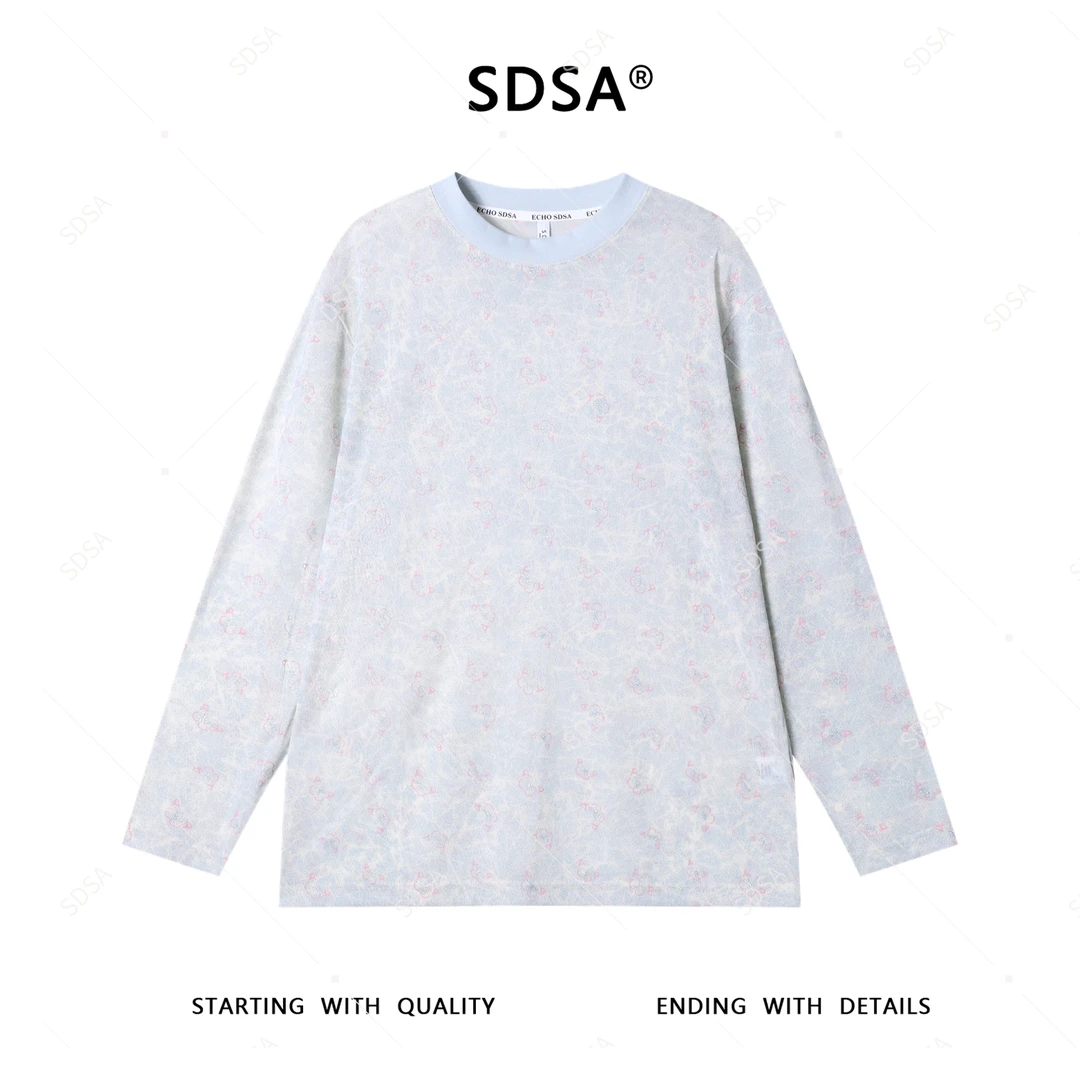 SDSA秋季新款男士痞帅简约肌理感印花圆领长袖T恤百搭时尚上衣