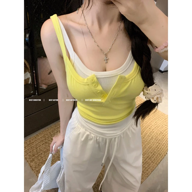 假两件撞色小吊带背心女夏季设计感美式辣妹修身露脐短款上衣外穿