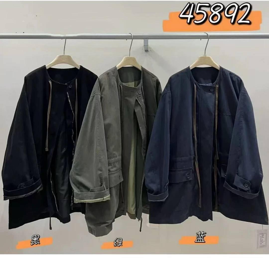 WE女45892秋韩版宽松大码胖mm慵懒松弛风圆领抽绳中长款风衣外套