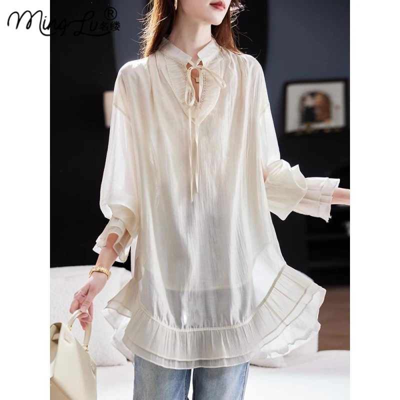 高级感V领系带中长雪纺衫2025春季时尚慵懒显瘦减龄气质百搭上衣