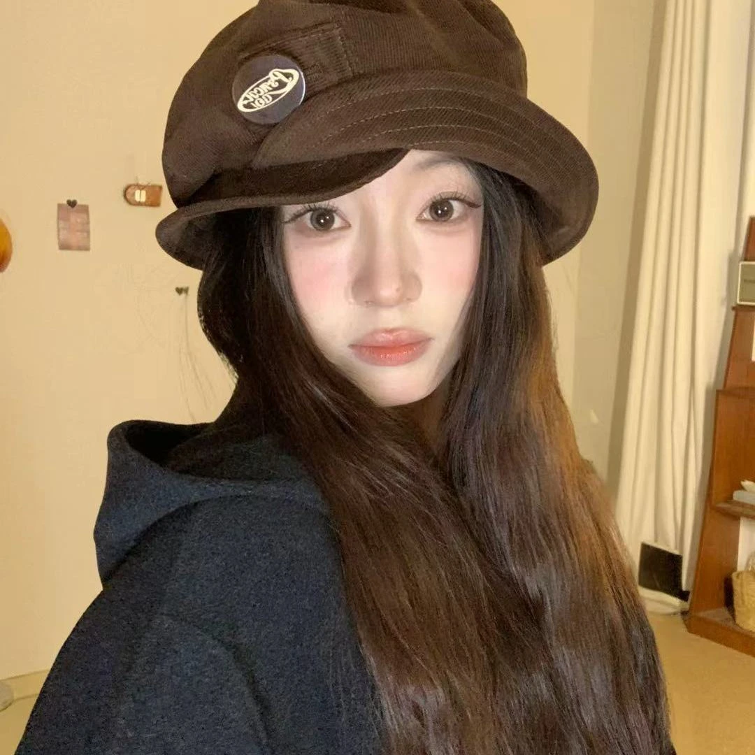 2025新款复古纽扣大头围灯芯绒渔夫帽贝雷韩系素颜显脸小翻边盆帽