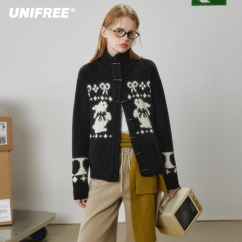UNIFREE黑色针织开衫个性加厚秋冬复古宽松慵懒风费尔岛毛衣外套