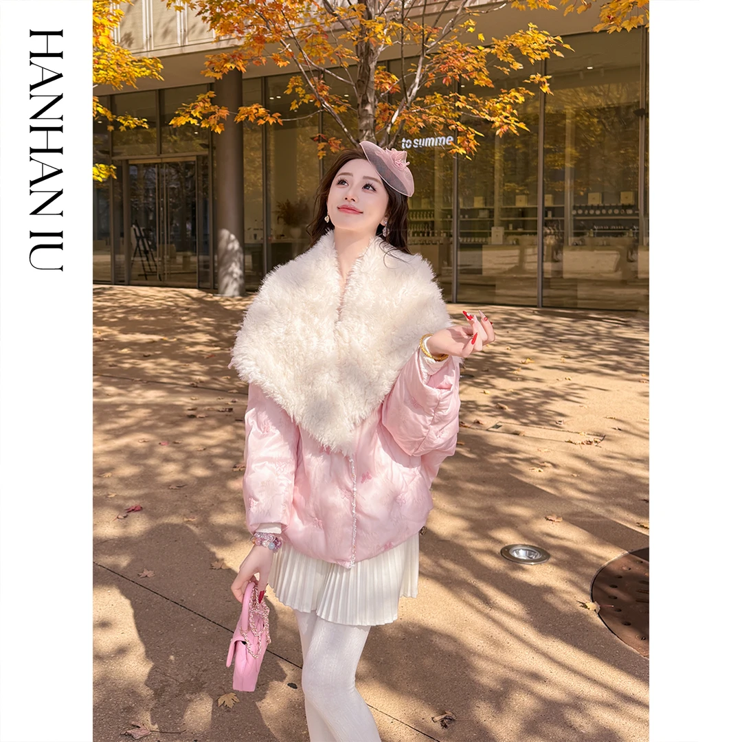 韩韩IU【暗香疏影】时尚可拆卸羊毛领新国标女士宽松版翻领羽绒服