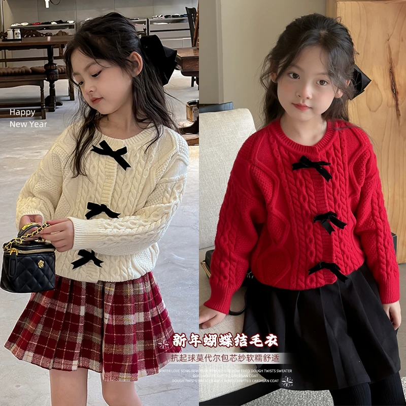 麦麦秋【现货-冬季恋歌】新年蝴蝶结麻花毛衣女童冬季针织开衫外套