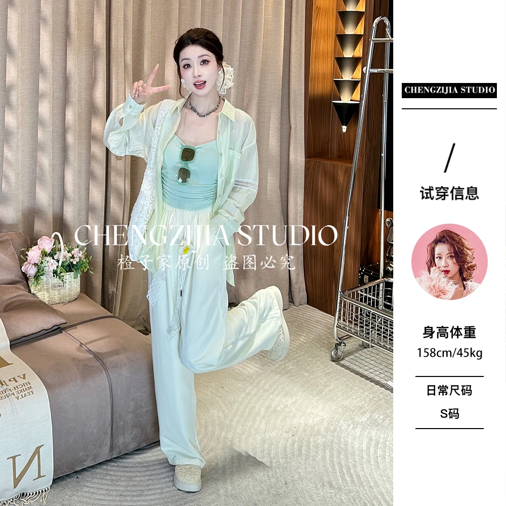 【裴诗婷】橙子·studio 【当季防晒】CS00035竖条纹蕾丝拼接衬衫01