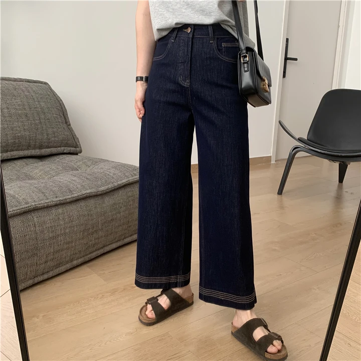 复古深蓝色九分牛仔裤2025早秋新款梨形小个子显瘦高腰阔腿直筒裤