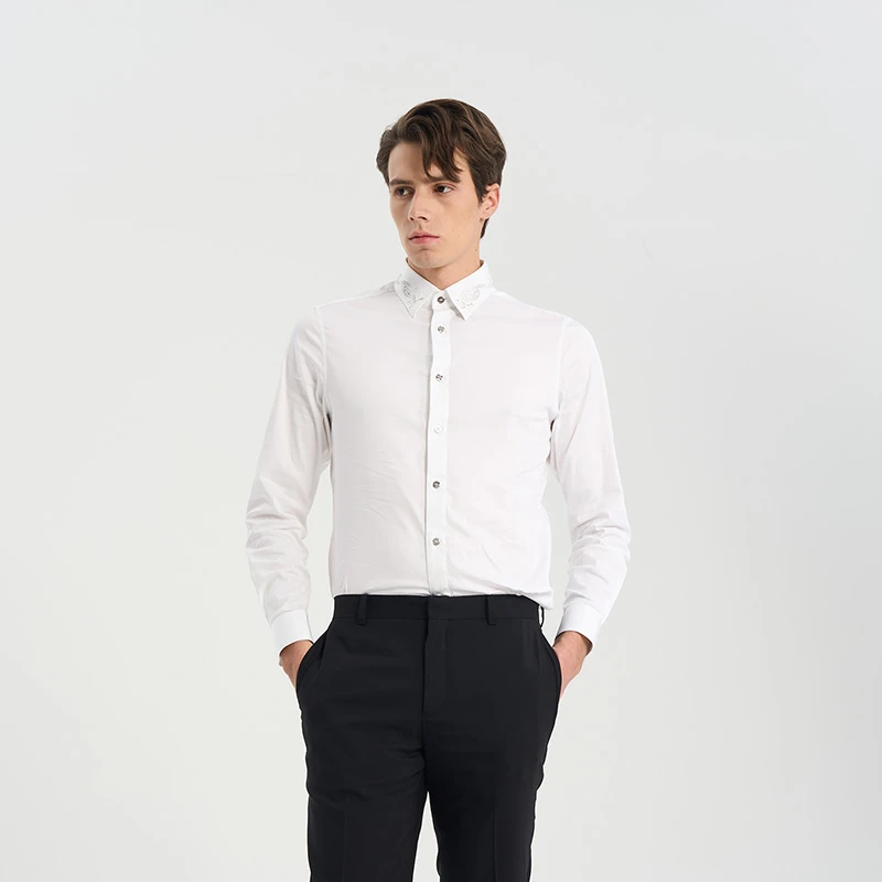 RARE威雅男装春夏新款白色绣花工艺款商务修身舒适版长袖衬衫