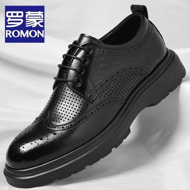 Romon/罗蒙2025夏季新款商务正装皮鞋男透气黑色英伦高档新郎婚鞋