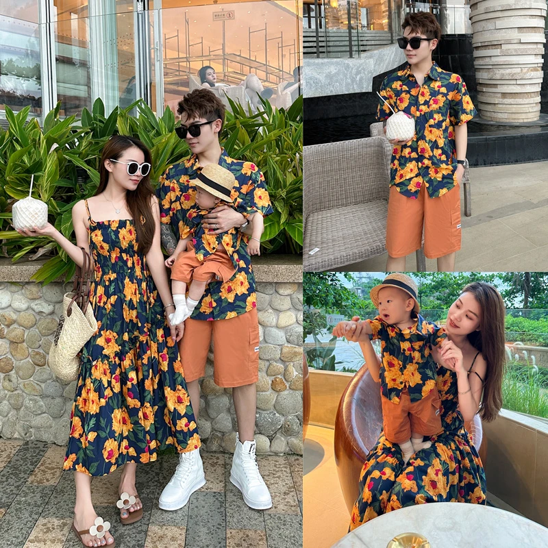 复古花色印花三亚度假短袖亲子连衣裙夏季显瘦温柔风母女装仙女裙