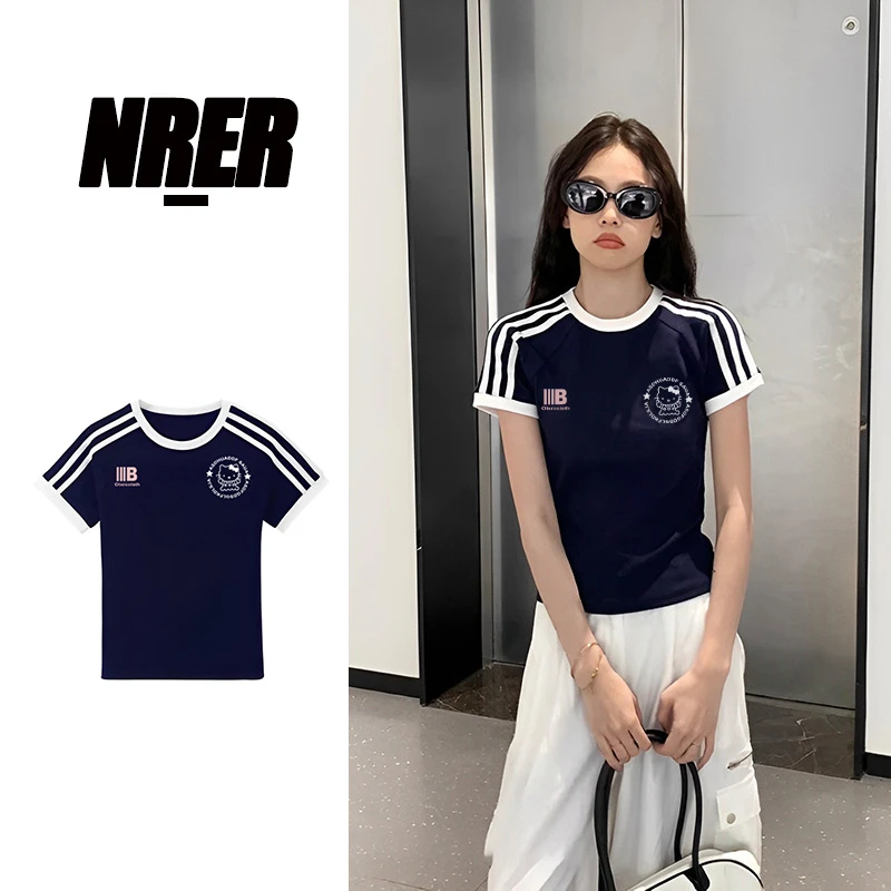 FNFE藏蓝色v领修身显瘦短袖t恤女夏季纯欲风辣妹穿搭上衣少女